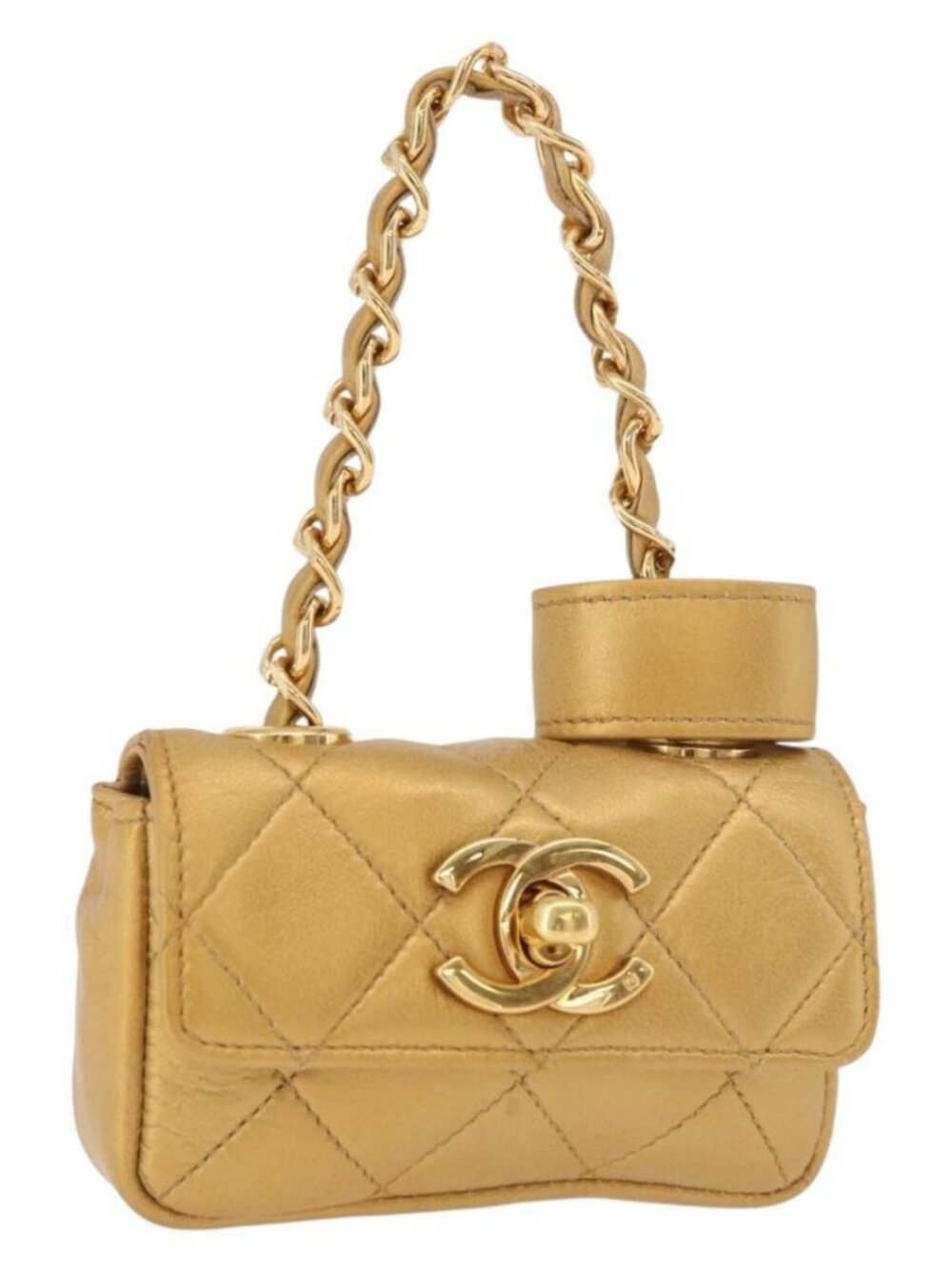 CHANEL Matelasse Chain Pouch Lamb Skin Gold CC Auth bs35703V